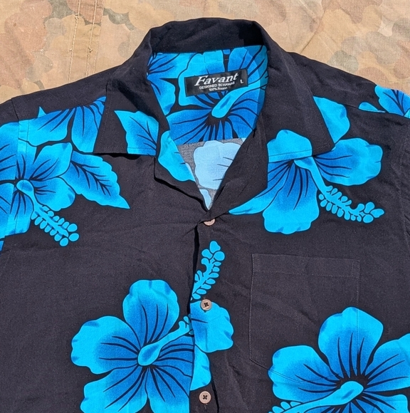 NWT Favant Rayon Hawaiian Hibiscus Button Up Shirt Never Worn Black Blu Sz L - Picture 2 of 11